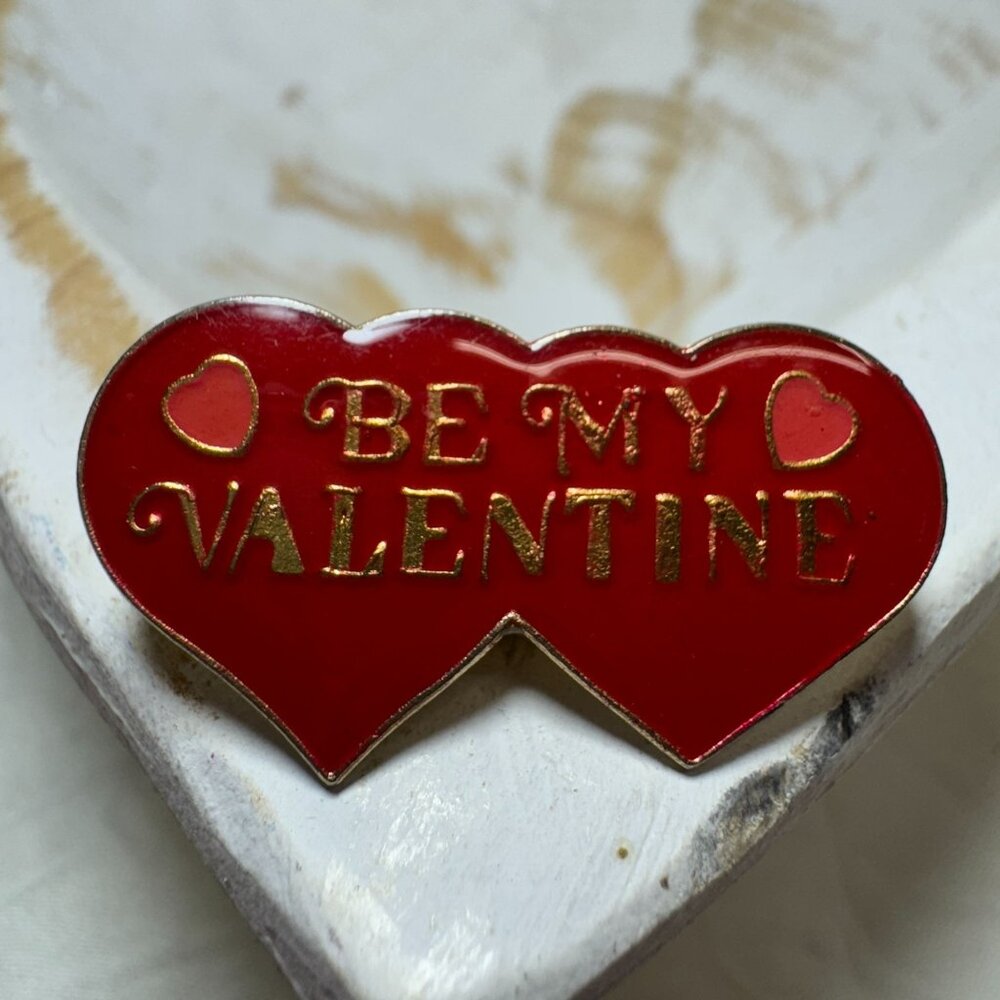 Vintage Be My Valentine Red Enamel Double Heart Lapel Pin Jewelry Accessory